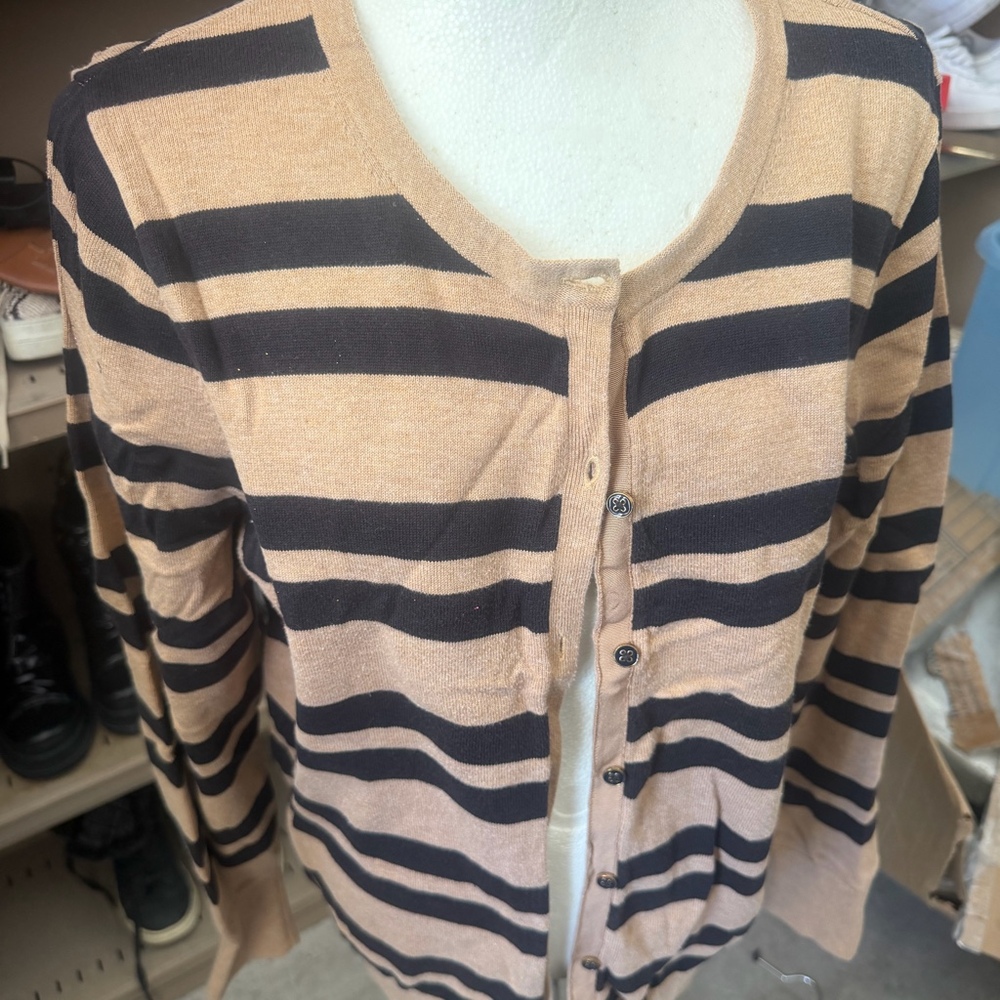 Lands’ End Women’s L 14-16 Supima Cotton Striped Cardigan Sweater Tan Black